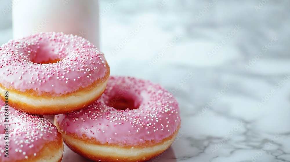 Poster donuts with bottle of milk on marble table grey background copy space : generative ai