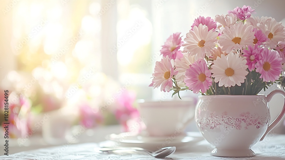 Poster breakfast setting table blurred background dishware and flowers copy space : generative ai