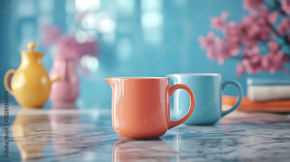 Poster tea in mugs with teapot on marble background copy space : generative ai