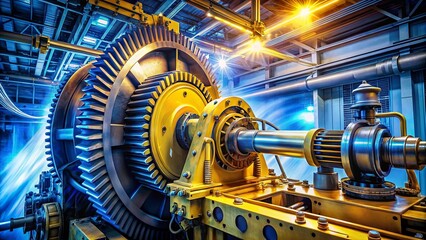 Obraz premium A symphony of steel and light, a giant cog within an industrial machine, bathed in a luminescent glow