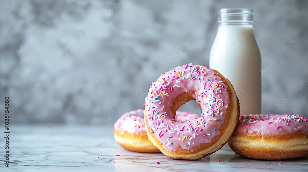 Poster donuts with bottle of milk on marble table grey background copy space : generative ai