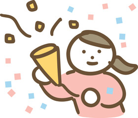 笑顔でクラッカーを鳴らす私服の若い女性(上半身・正面)