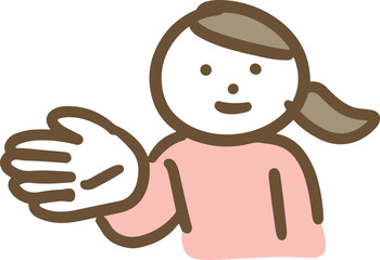 片手をあげて笑顔で紹介している私服の若い女性(上半身・正面)