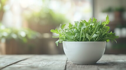 Fresh green arugula in white cup on wooden table : Generative AI