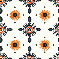 Fototapeta premium Geometric Floral Pattern with Orange and Green Sunflower Motifs, Symmetrical Arrangement on a Light Background, Modern Decorative Design with Leaf Accents