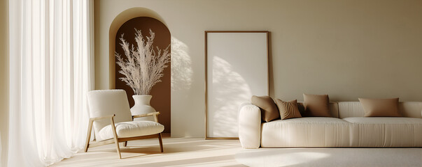 Modern living room has white sofa and empty frame, pampas grass in vase
