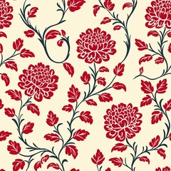 Elegant Red Floral Pattern with Chrysanthemum Motifs and Black Stems on a Light Beige Background, Decorative Botanical Design for Fabric or Wallpaper