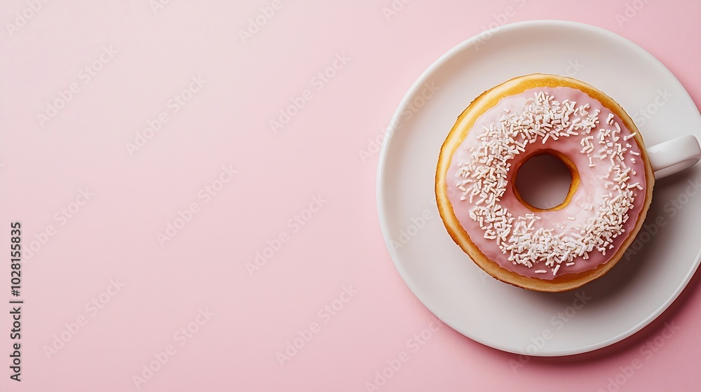 Aufkleber coffee with donut on pink paper background top view copy space : generative ai