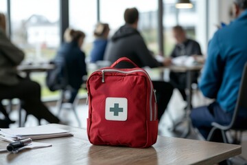 First aid trainer explaining the contents of a first aid kit, the class attentive and taking notes on the essentials