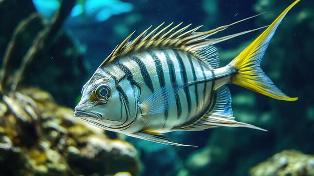 A majestic roosterfish swimming gracefully through the clear ocean waters. Known for its distinctive, long dorsal fins and vibrant colors, the roosterfish is a symbol of strength and beauty 