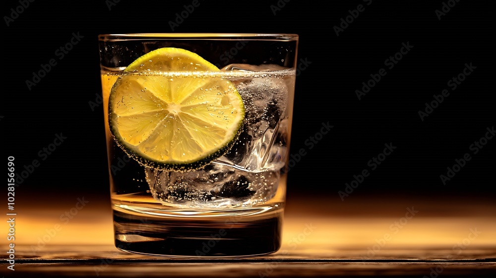Aufkleber Gin tonic in glass with ice and lime slice on a wooden background Selective focus : Generative AI