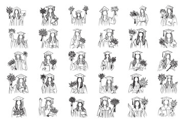 Bundle Line Art Happy Celebrate Women Graduation Cheerful pose of a woman Illustration Hand Drawn Clipart