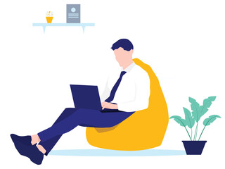 Man searching job online with his laptop computer from home. Search field over his head, 