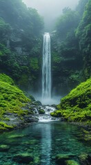 Peaceful natural scene with a tall waterfall.