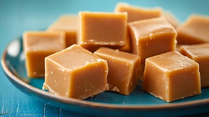 Fresh caramel fudge candies on a plate Blue background Copy space : Generative AI