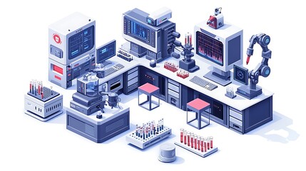 Fototapeta premium Modern Laboratory Interior with Robotic Arm Computers and Test Tubes