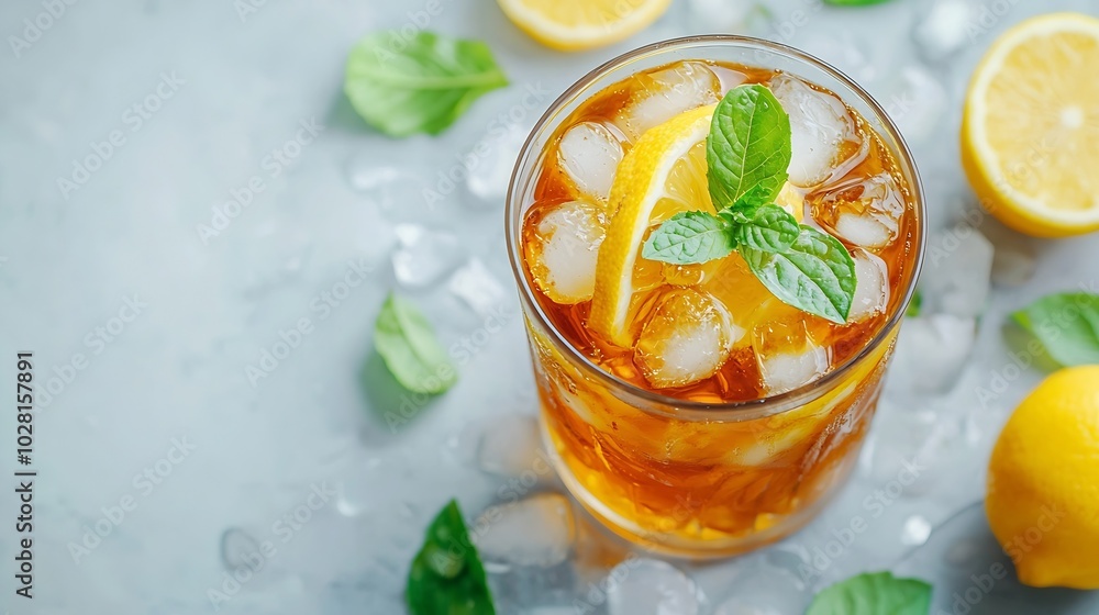 Poster ice tea with fresh lemons grey background copy space top view : generative ai