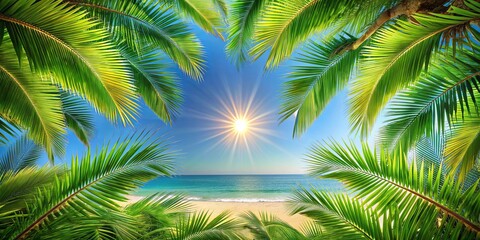 Naklejka premium A tropical paradise framed by lush palm fronds, revealing a serene blue ocean, a sandy beach, and a radiant sun beaming through the leaves.