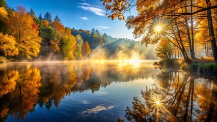 Golden Reflections of a Misty Autumn Morning on a Still Lake