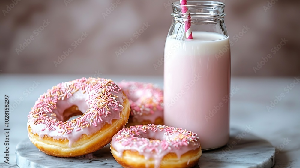 Poster Donuts with bottle of milk on marble table Grey background Close up : Generative AI