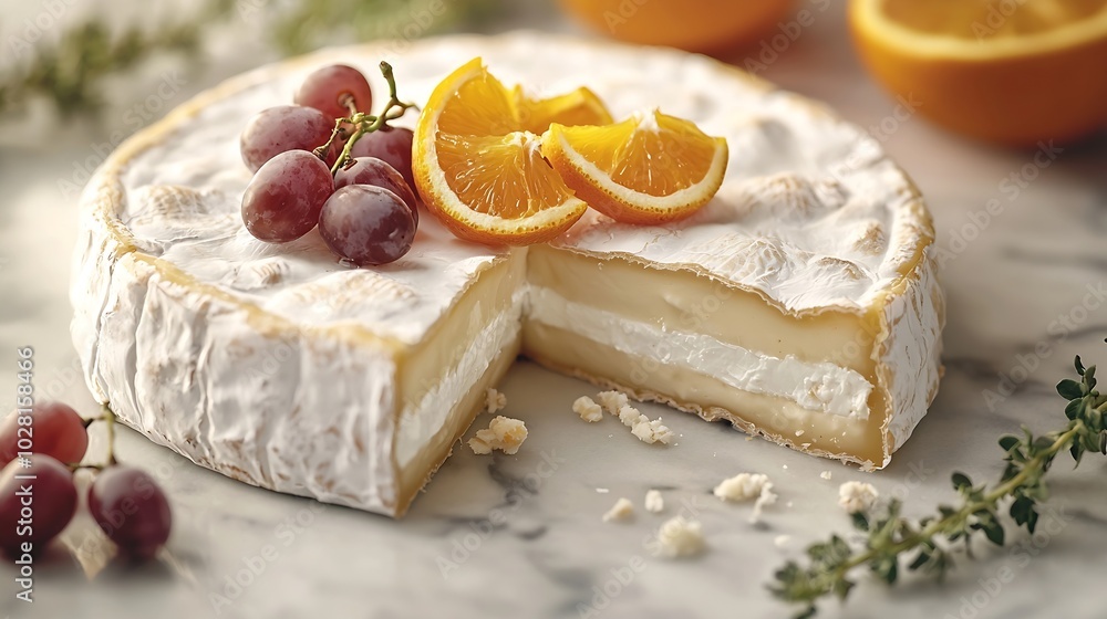 Poster cheese with washed orange rind with grape french or german product marble background copy space : ge