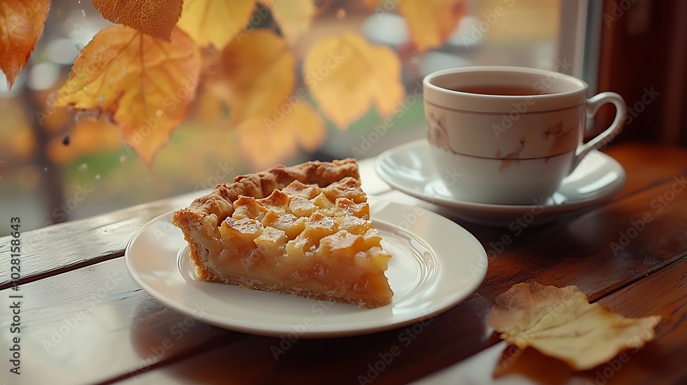 Aufkleber apple pie on a white plate with a cup of tea breakfast time close up : generative ai