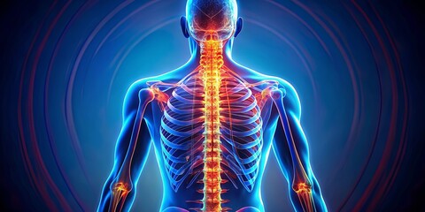 A detailed anatomical representation of the human skeletal system, emphasizing the spine and rib cage in vibrant hues of blue and orange.