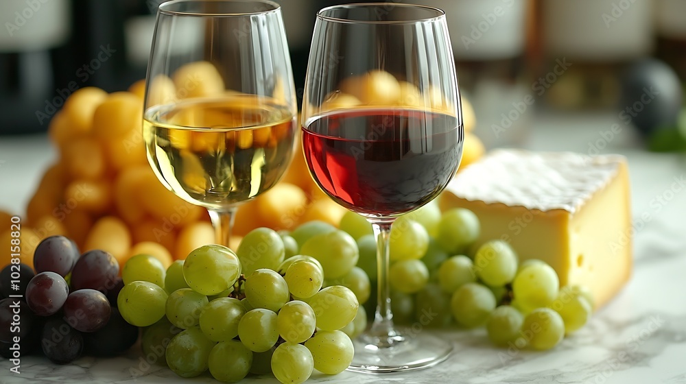Poster assortment of cheese grapes with red and white wine in glasses marble background top view : generati