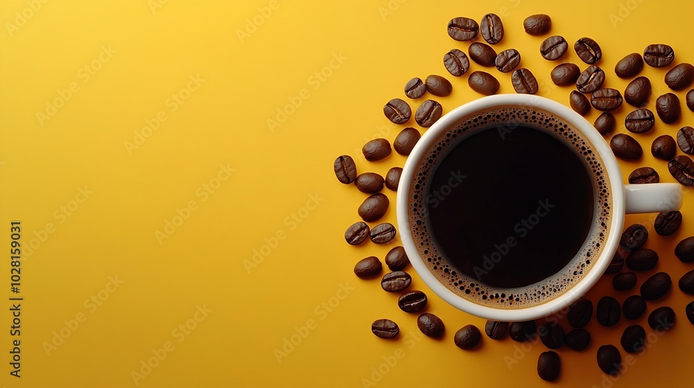 Poster Cup of black coffee with coffee beans on yellow background Top view Copy space : Generative AI