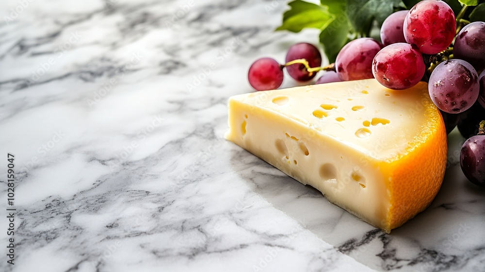 Poster cheese with washed orange rind with grape french or german product marble table background top view 