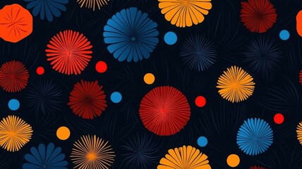 Fototapeta premium A vibrant pattern featuring various colorful circular shapes on a dark background, creating an energetic and festive ambiance.