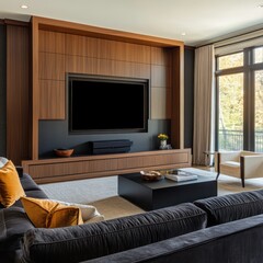 Contemporary family room with entertainment center