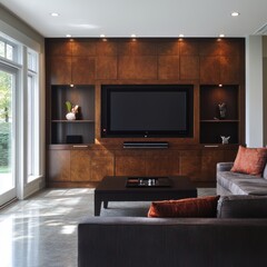 Contemporary family room with entertainment center