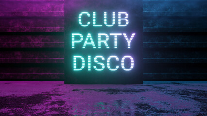 Neon Club Party Disco sign on an old concrete wall illuminated by flashing lights in smoke. Nightlife scene without people. 80s old style. Three-dimensional illustration