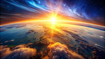 Obraz premium A Celestial Panorama of Earth's Dawn with Golden Rays of Sunlight Illuminating the Coastal Landscape