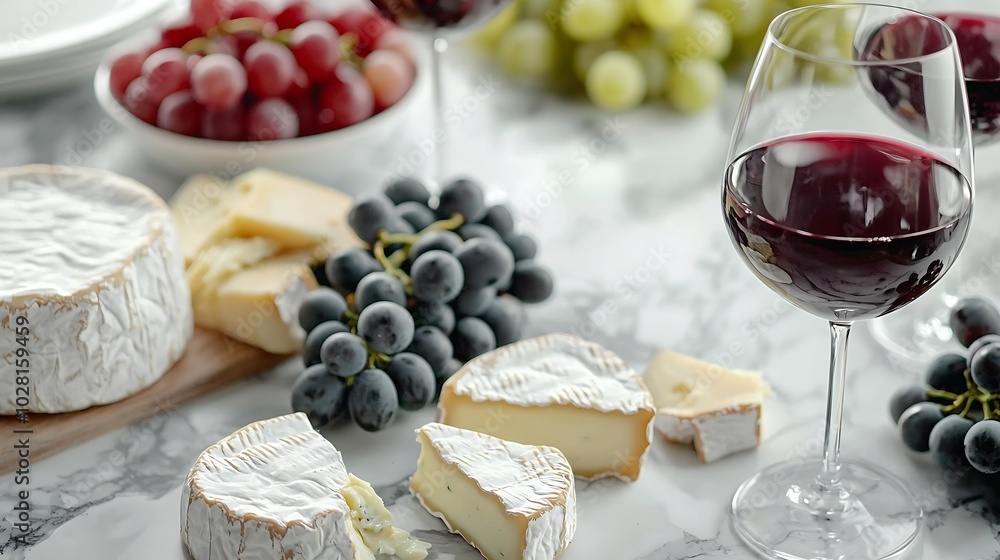 Poster assortment of cheese grapes with red wine in glasses marble background top view : generative ai