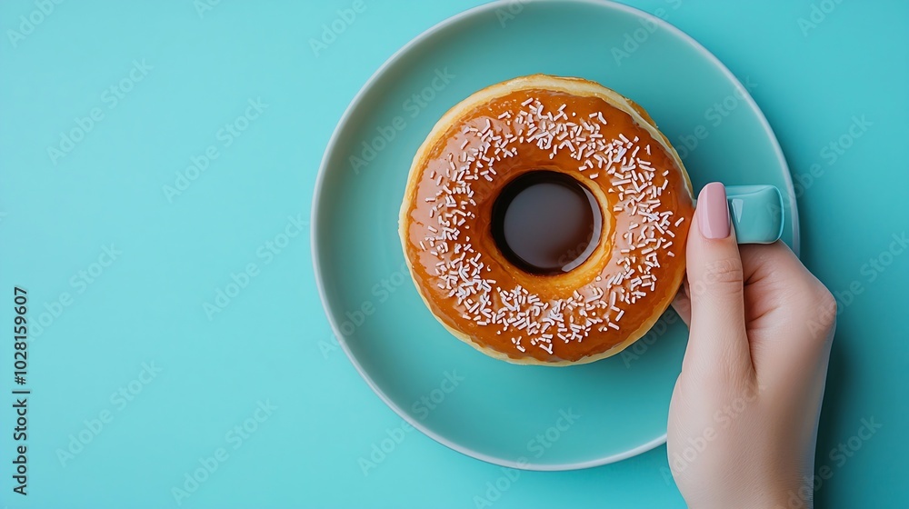 Poster coffee with donut on blue background top view : generative ai