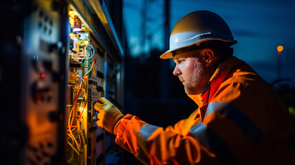 Technician working on electrical equipment at night with illuminated control panel