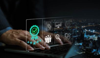 Businessman holding quality certification mark, audit, business, assurance, control, digital, service, complete, assessment, checklist, data with quality icon.
