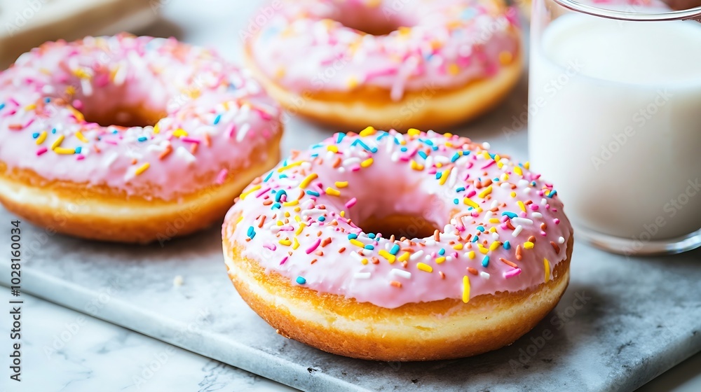 Poster Donuts with glass of milk on marble table Grey background Close up : Generative AI