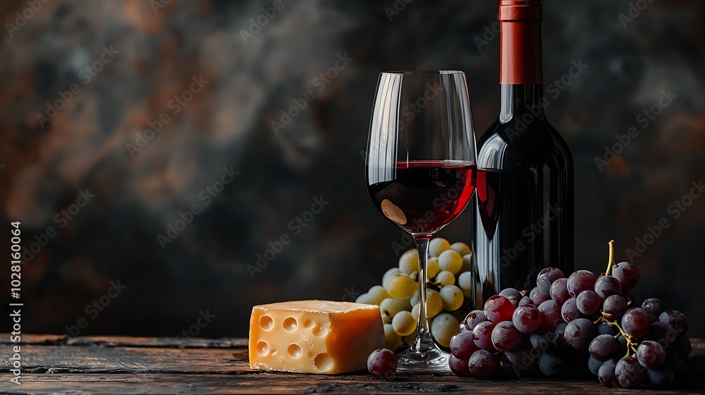 Poster Glass of red wine with fresh grape and cheese on wooden table Close up Copy space : Generative AI