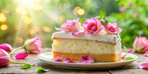 Exquisite double exposure featuring a white almond cake beautifully adorned with delicate pink rose petals, creating a stunning visual feast that captures elegance and sweetness.