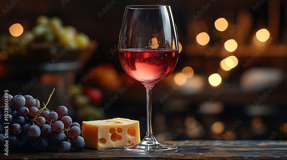 Poster glass of red wine with fresh grape and cheese on wooden table close up : generative ai