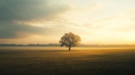 Solitary Tree in a Mist-Filled Meadow
