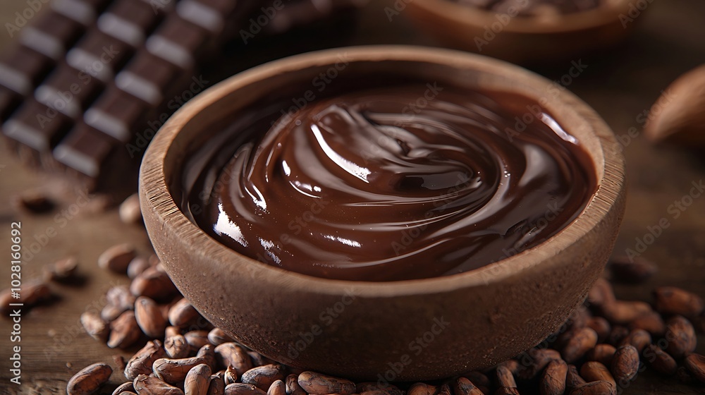 Poster bowl of melted chocolate on a crushed raw cocoa beans nibs background copy space top view : generati