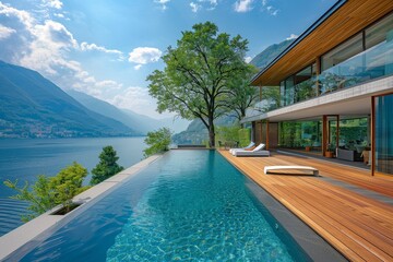Fototapeta premium Beautiful modern villa with a wooden terrace and swimming pool in the garden, offering a panoramic view of Lake Como, Italy.