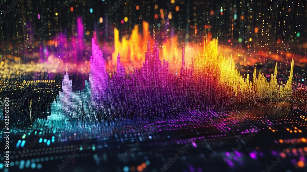 Poster a vibrant digital visualization of sound waves, showcasing dynamic colors and patterns.