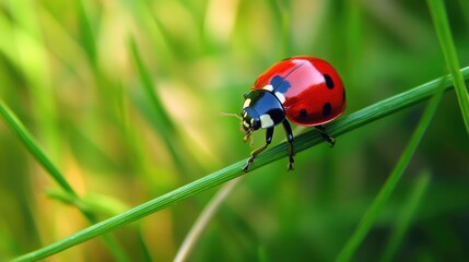 Colorful Ladybug on Green Grass Blade