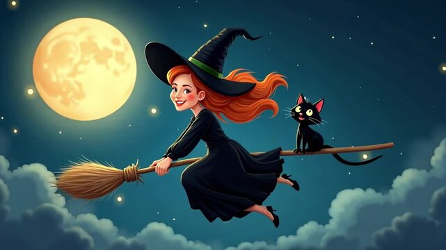 A witch on a broomstick at night. She has a black cat and there are stars and a moon. The witch is in a black dress and hat.