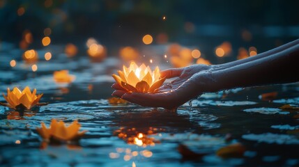 Hands Releasing Krathong into Water at Dusk